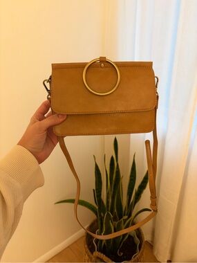 Mustard Tan Crossbody Bag with Gold Ring Accent